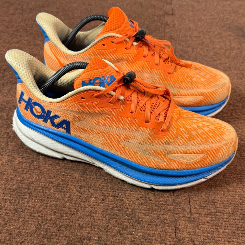 Hoka Clifton 9 Mens Gym Running Shoes Orange Blue Size 11 D 1127895 VOIM Sneaker